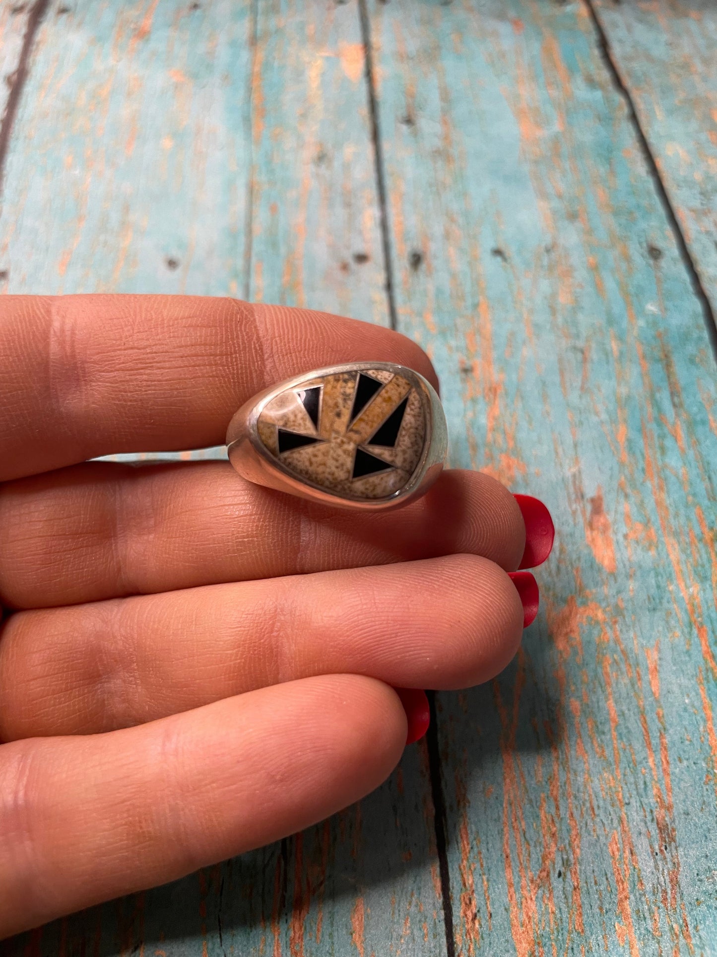 Old Pawn Handcrafted Sterling Silver, Tiger Eye & Onyx Ring Size 10.5