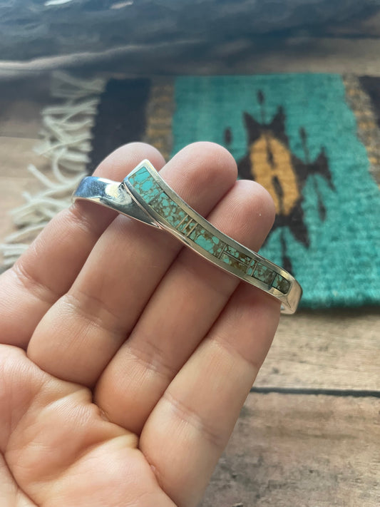 Handcrafted Handmade Sterling & Number 8 Turquoise Inlay Cuff Bracelet