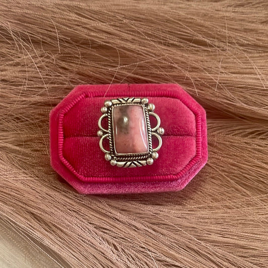 Gorgeous Handcrafted Pink Peruvian Opal And Sterling Silver Adjustable Ring
