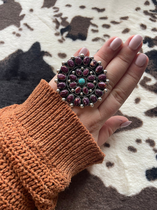 Handcrafted Turquoise And Purple Spiny Sterling Silver Adjustable Ring