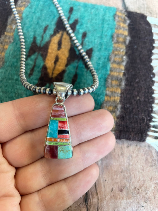 Handcrafted Multi Stone Inlay & Sterling Silver Pendant Signed
