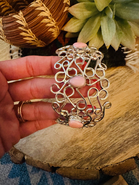Handcrafted Queen Pink Conch Shell & Sterling Silver Cuff Bracelet