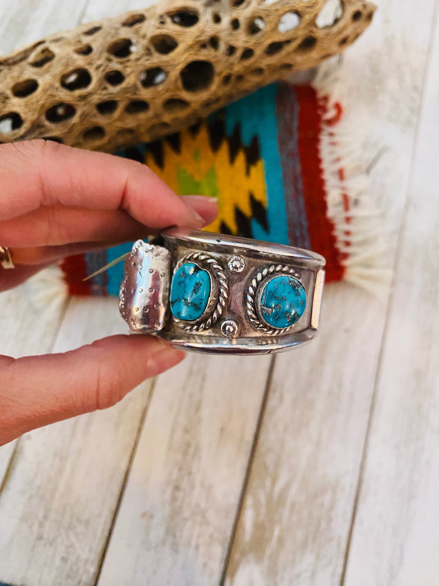 Old Pawn Vintage Navajo Kingman Turquoise & Sterling Silver Watch Cuff