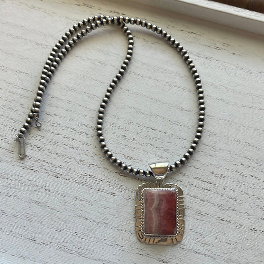 Navajo Sterling Silver & Rhodochrosite Pendant Signed
