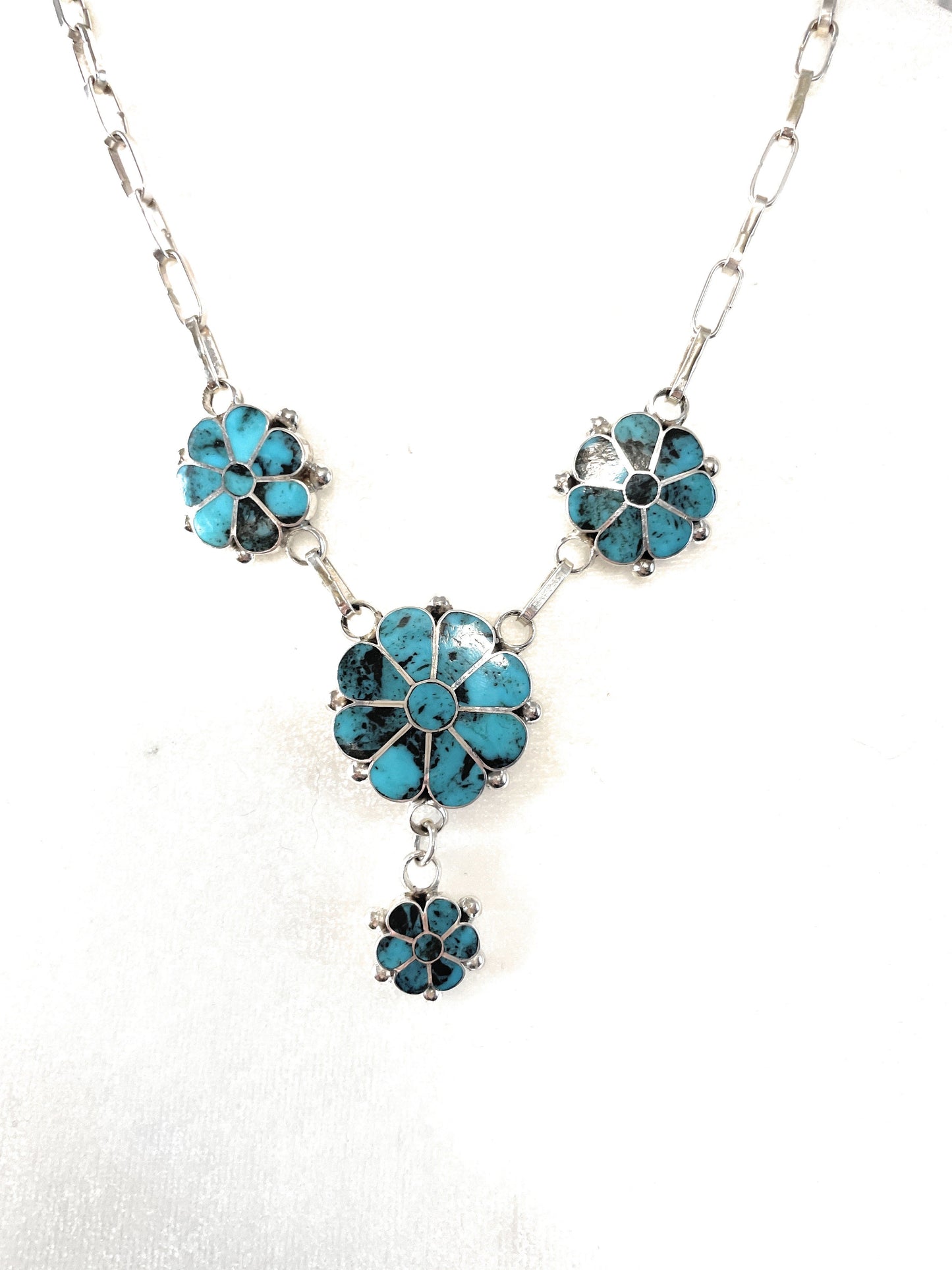 Handcrafted Sterling Silver & Turquoise Flower Necklace Earrings Set Signed