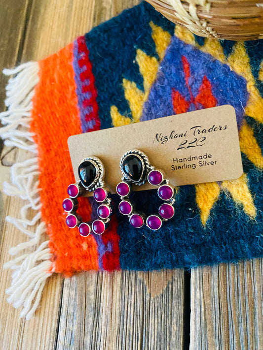 Handmade Pink and Black Onyx Sterling Silver Post Earrings Signed Nizhoni