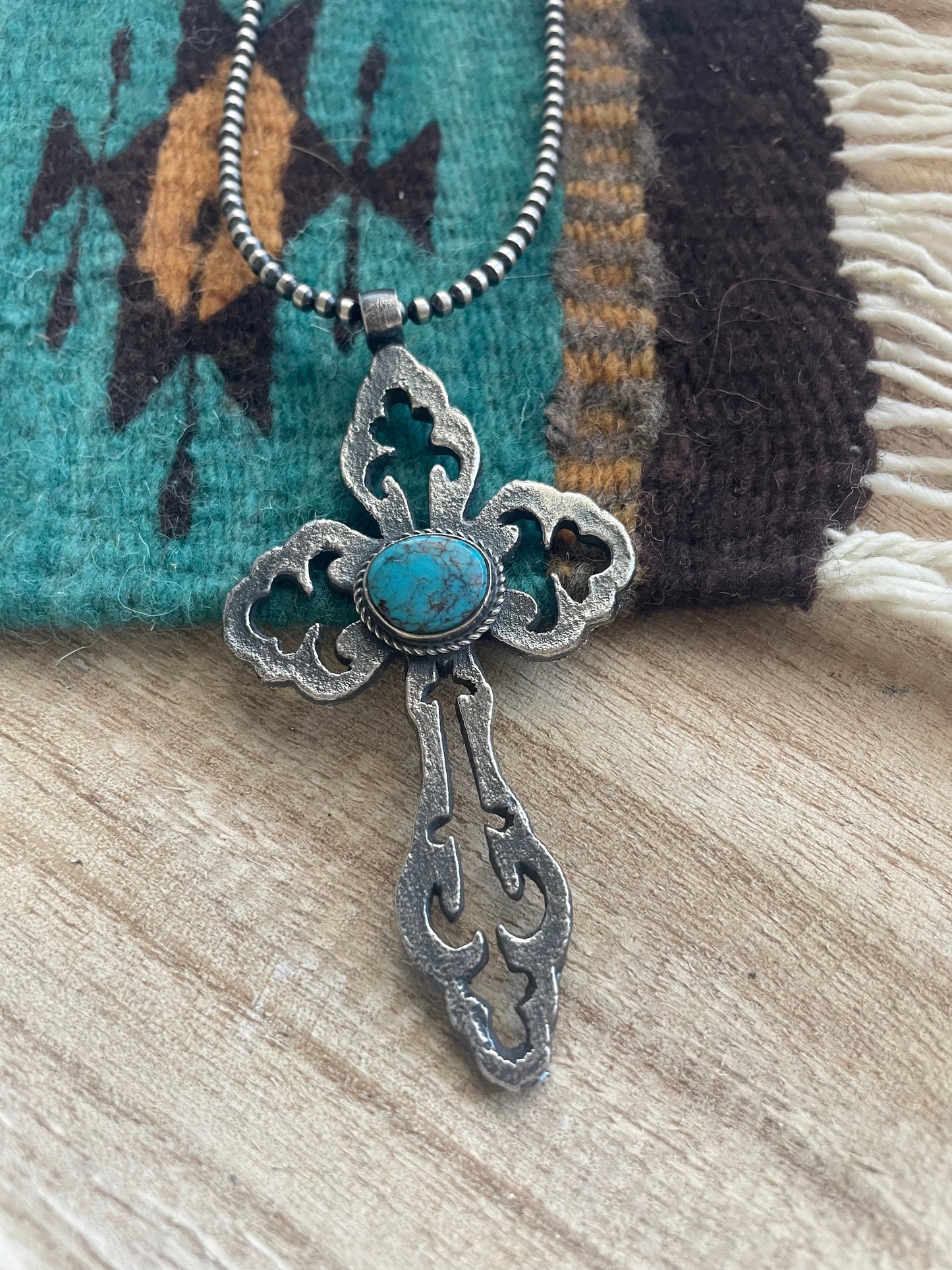 Handcrafted Sterling Silver & Turquoise Cross Pendant Signed Eugene Mitchell
