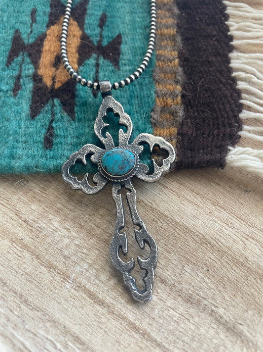 Handcrafted Sterling Silver & Turquoise Cross Pendant Signed Eugene Mitchell