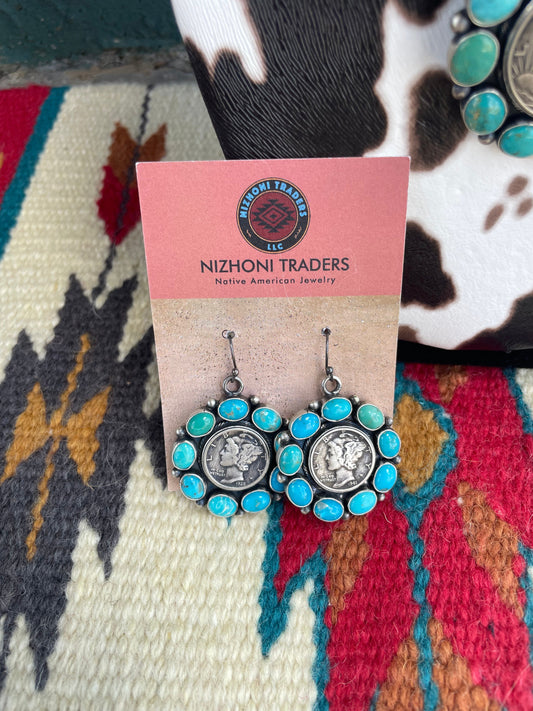 Handcrafted Turquoise & Sterling Silver Liberty Coin Necklace Earrings Set Signed Bea Tom