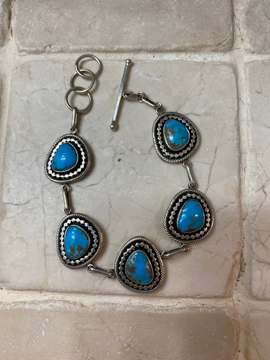 Navajo Sweet Kingman Turquoise & Sterling Silver Twist Link Bracelet