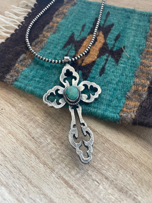 Handcrafted Sterling Silver & Turquoise Cross Pendant Signed Eugene Mitchell
