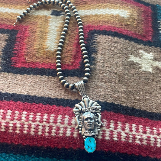 Beautiful Handcrafted Sterling Silver & Turquoise Chief Pendant Signed Russell Sam