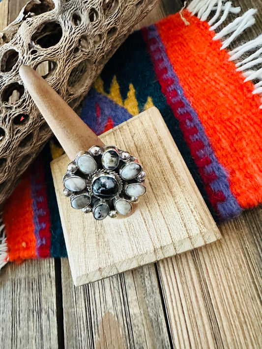 Handcrafted Sterling Silver And White Buffalo Cluster Adjustable Ring