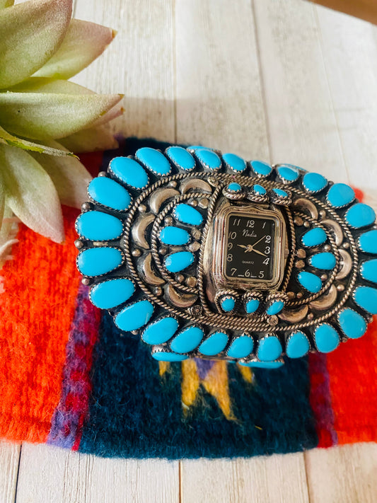 Old Pawn Vintage Handcrafted Turquoise & Sterling Silver Cluster Watch Cuff /