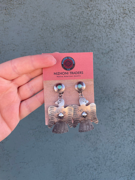 Navajo Turquoise & Sterling Silver Thunderbird Dangle Earrings By Tim Yazzie