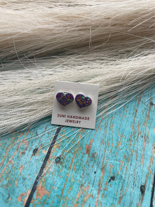 Handcrafted Sterling Silver & Fire Purple Opal Inlay Heart Stud Earrings