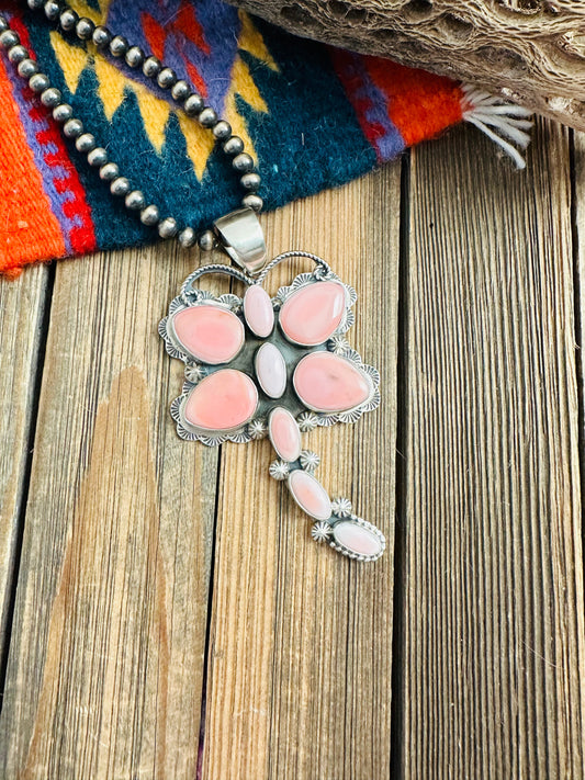 Handcrafted Queen Pink Conch & Sterling Silver Dragonfly Pendant By Tina Benally
