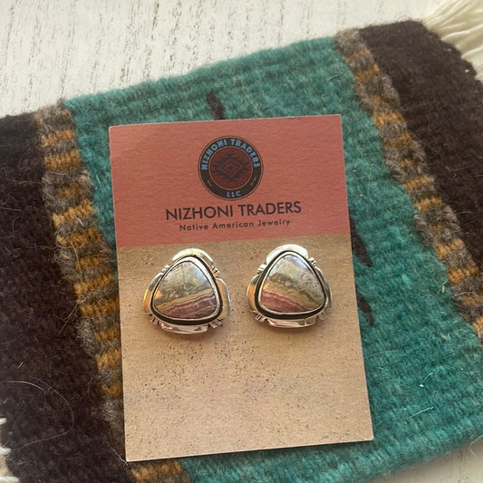 Handcrafted Sterling Silver & Rhodochrosite Stone Post Earrings Signed