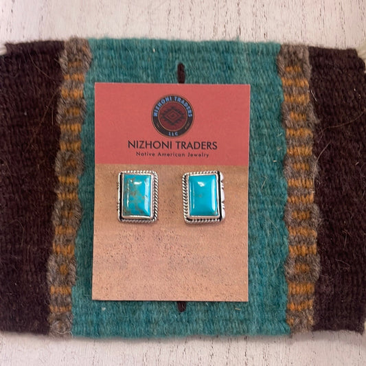 Navajo Turquoise & Sterling Silver Rectangle Earrings Signed