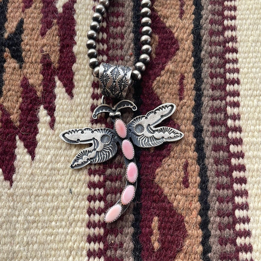 Handcrafted Pink Conch & Sterling Silver Dragonfly Pendant Signed E Billah