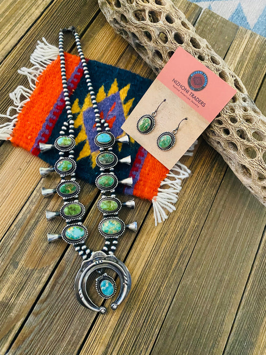 Handcrafted Sonoran Gold Turquoise & Sterling Silver Squash Blossom Necklace Set