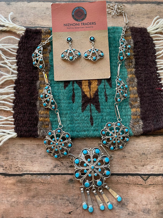 Handcrafted Sterling Silver & Turquoise Petit Point Necklace & Earring Set Signed