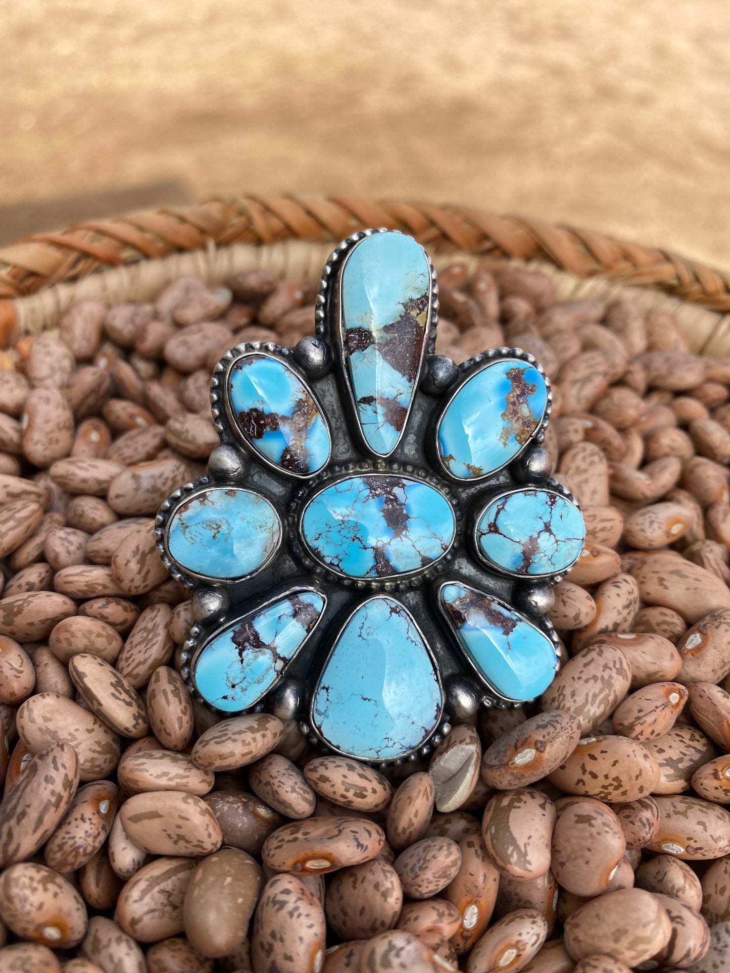 Handcrafted Golden Hills Turquoise & Sterling Silver Size  6.5 Signed Bobby Johnson