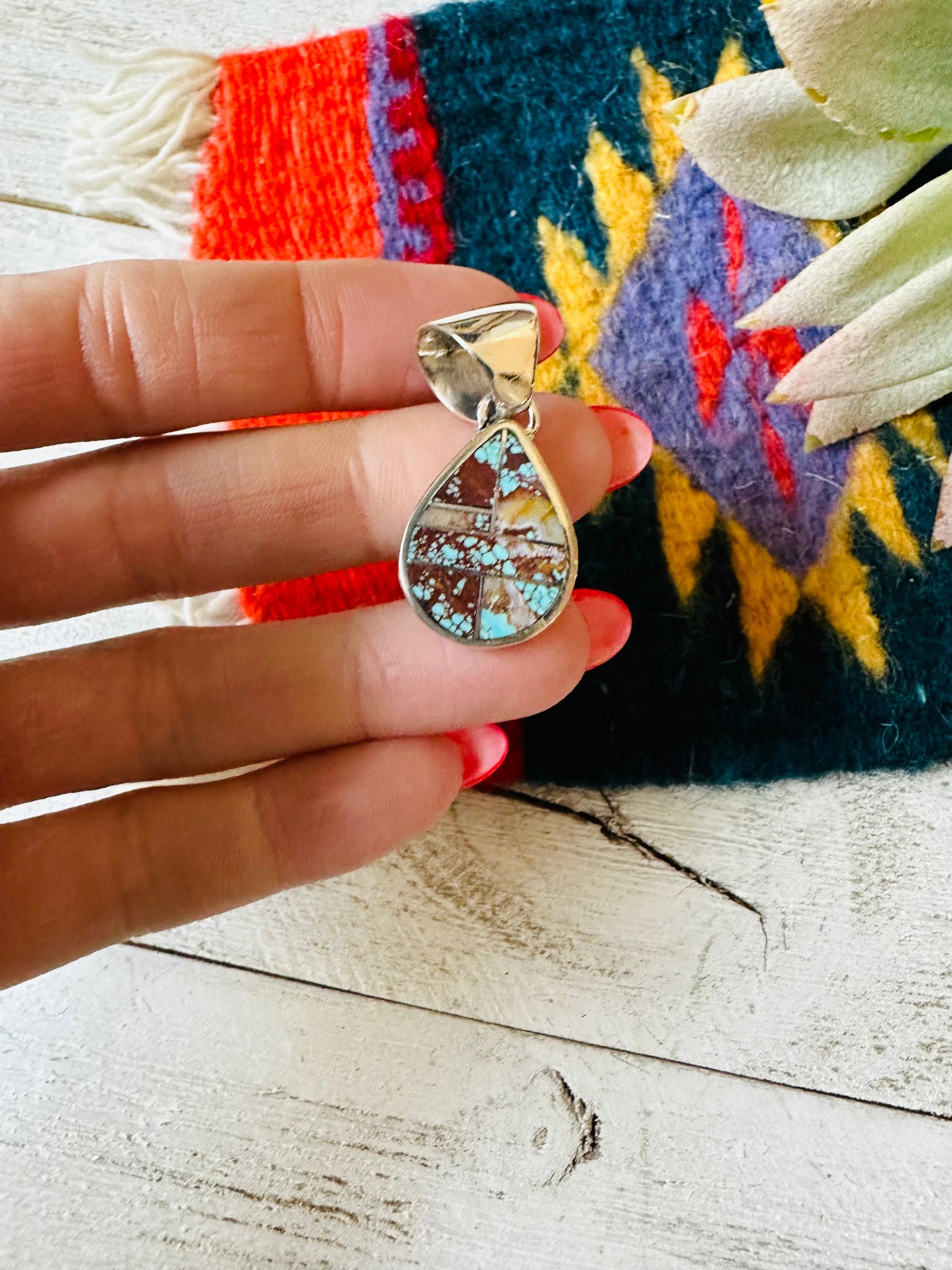 Handcrafted Number 8 Turquoise & Sterling Silver Teardrop Inlay Pendant