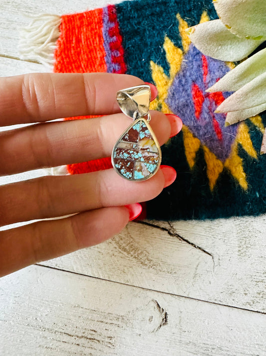 Handcrafted Number 8 Turquoise & Sterling Silver Teardrop Inlay Pendant