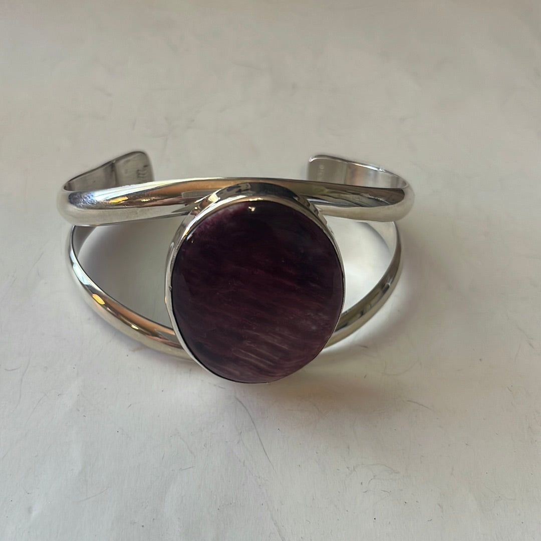 Handcrafted Sterling Silver & Purple Spiny Cuff Bracelet Signed
