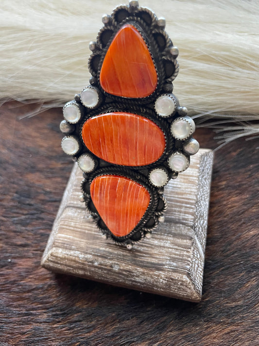 Devon Brown Handcrafted Sterling, Mother of Pearl Orange Spiny ring adjustable