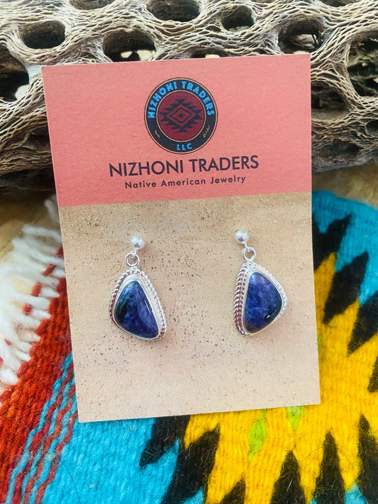 Handcrafted Charoite & Sterling Silver Dangle Earrings Signed