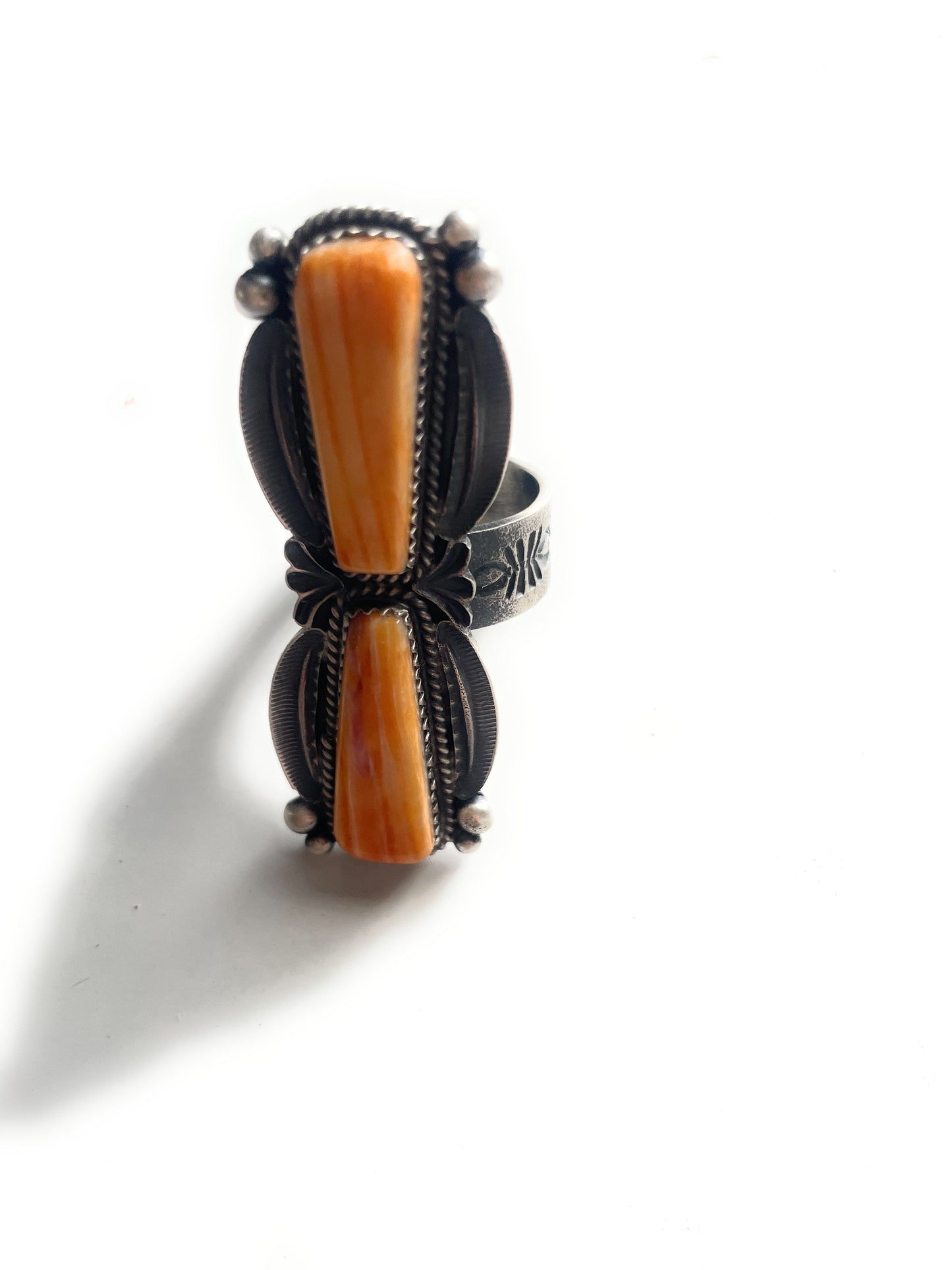 Kevin Billah Navajo Sterling & 2 Stone Orange Spiny Ring Adjustable