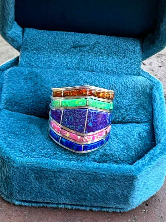 Handcrafted Sterling Silver Tri Color Opal Inlay Stacker Ring