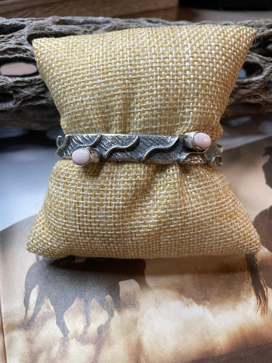 Handcrafted Pink Conch & Sterling Silver Tufa Cast Cuff Bracelet Signed