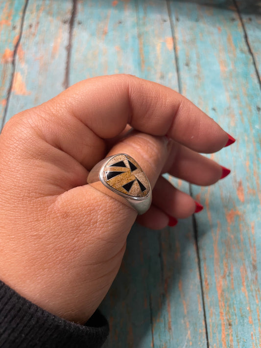 Old Pawn Handcrafted Sterling Silver, Tiger Eye & Onyx Ring Size 10.5