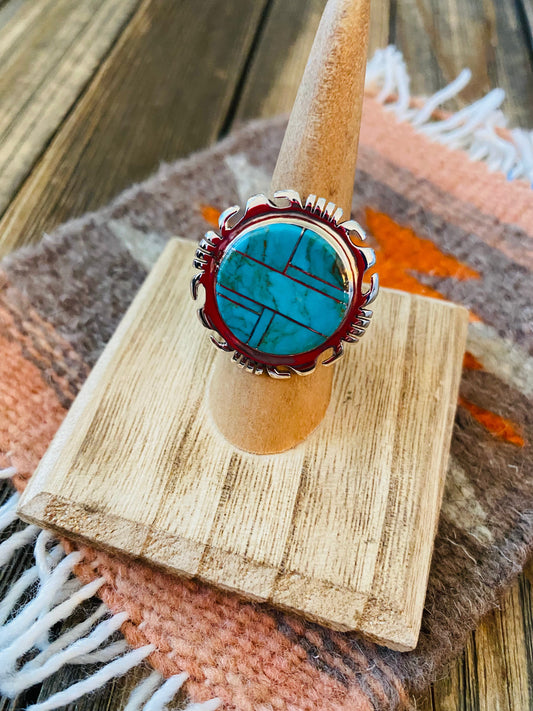 Handcrafted Sterling Silver & Turquoise Inlay Ring Size 6.75