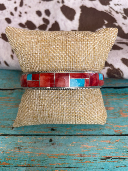 Handcrafted Turquoise & Spiny Inlay Sterling Silver Bangle