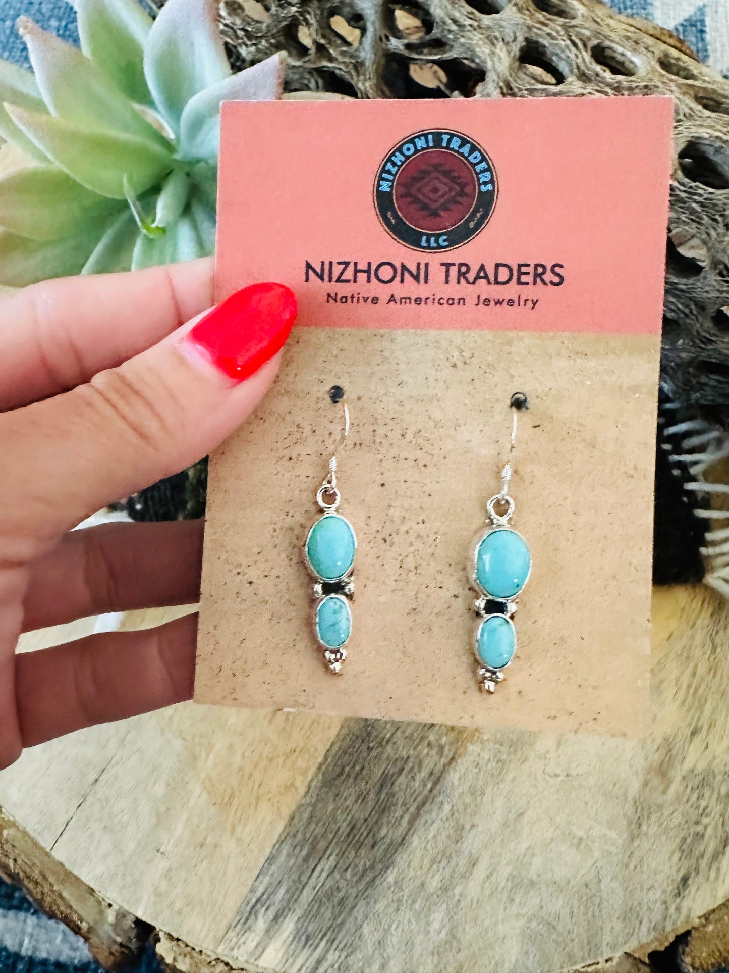 Navajo Turquoise & Sterling Silver Two Stone Dangle Earrings