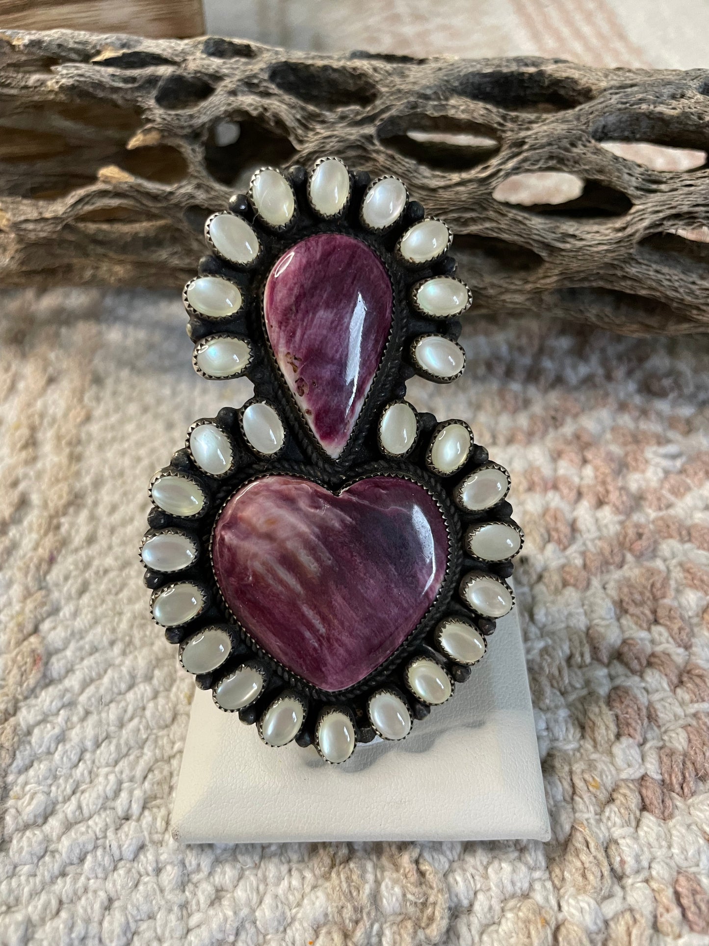 Handcrafted Mother Of Pearl And Purple Spiny Sterling Silver Adjustable Ring