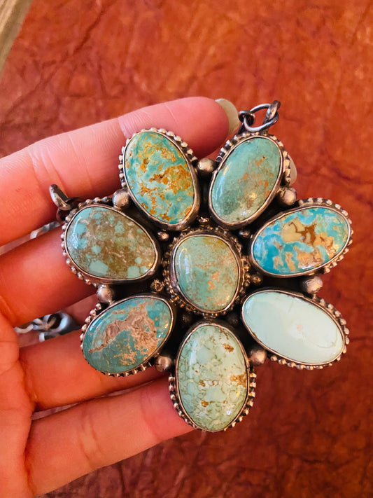 Handcrafted Sterling Silver & Carico Lake Turquoise Cluster Necklace