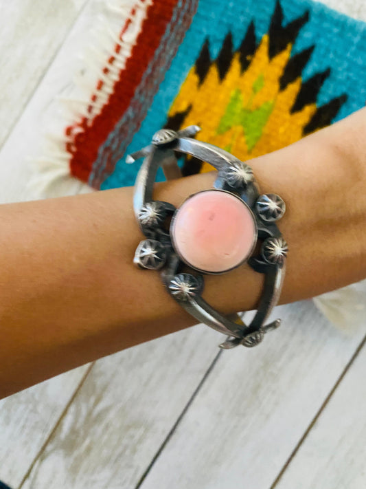 Handcrafted Queen Pink Conch Shell & Sterling Silver Cuff Bracelet By Chimney Butte /
