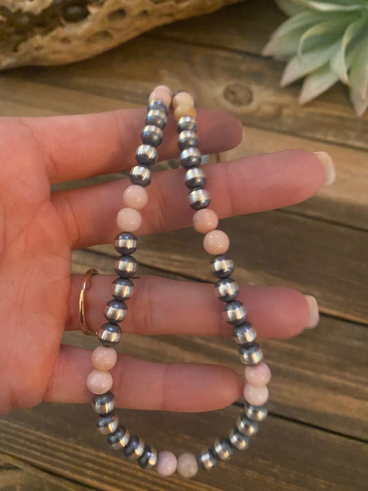 Handcrafted Sterling Silver Pearl & Pink Opal Beaded Necklace 30 inch