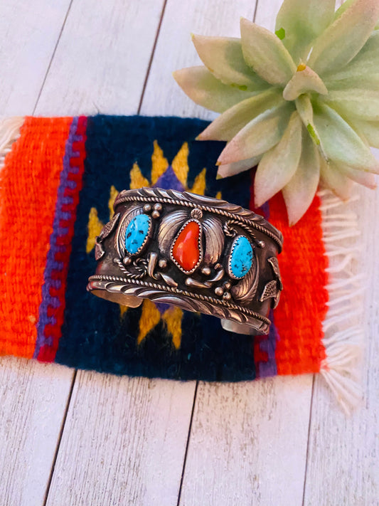 Navajo Old Pawn Vintage Turquoise, Coral & Sterling Silver Cuff Bracelet