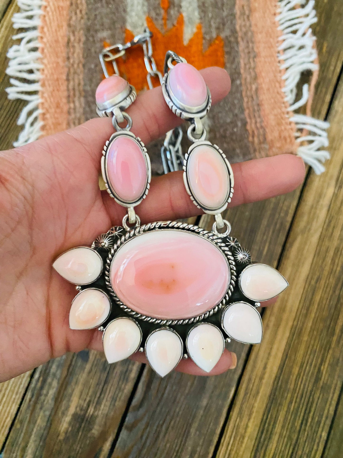 Handcrafted Queen Pink Conch Shell And Sterling Silver Cluster Necklace