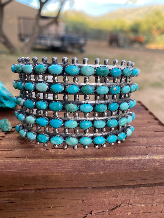 Mark Yazzie Handcrafted Sterling Silver & Carico Lake Turquoise Cuff Bracelet Signed /