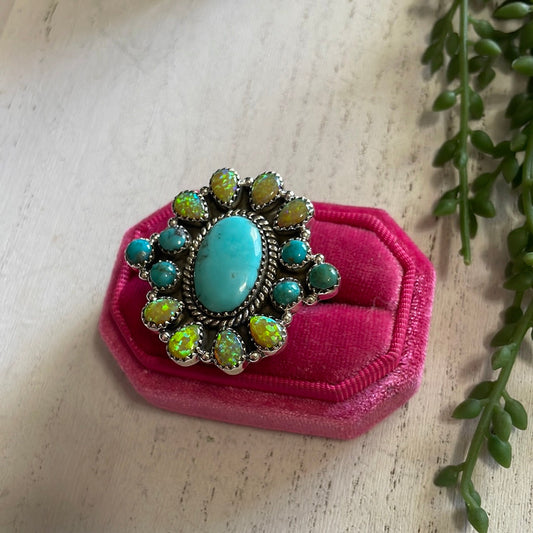 Nizhoni Handmade Fire Opal, Turquoise And Sterling Silver Adjustable Ring