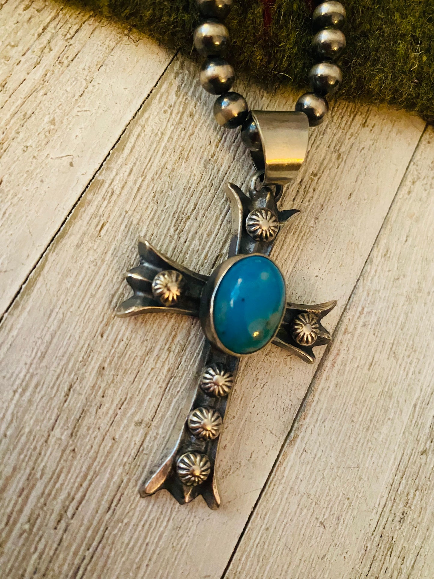 Handcrafted Sterling Silver & Turquoise Cross Pendant By Chimney Butte