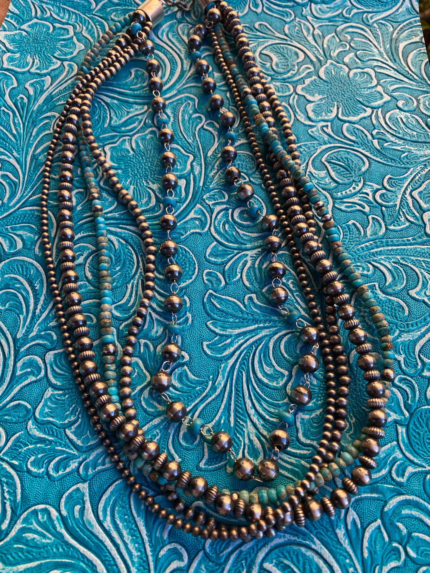 Handcrafted Turquoise & Sterling Silver 5 strand Beaded Necklace