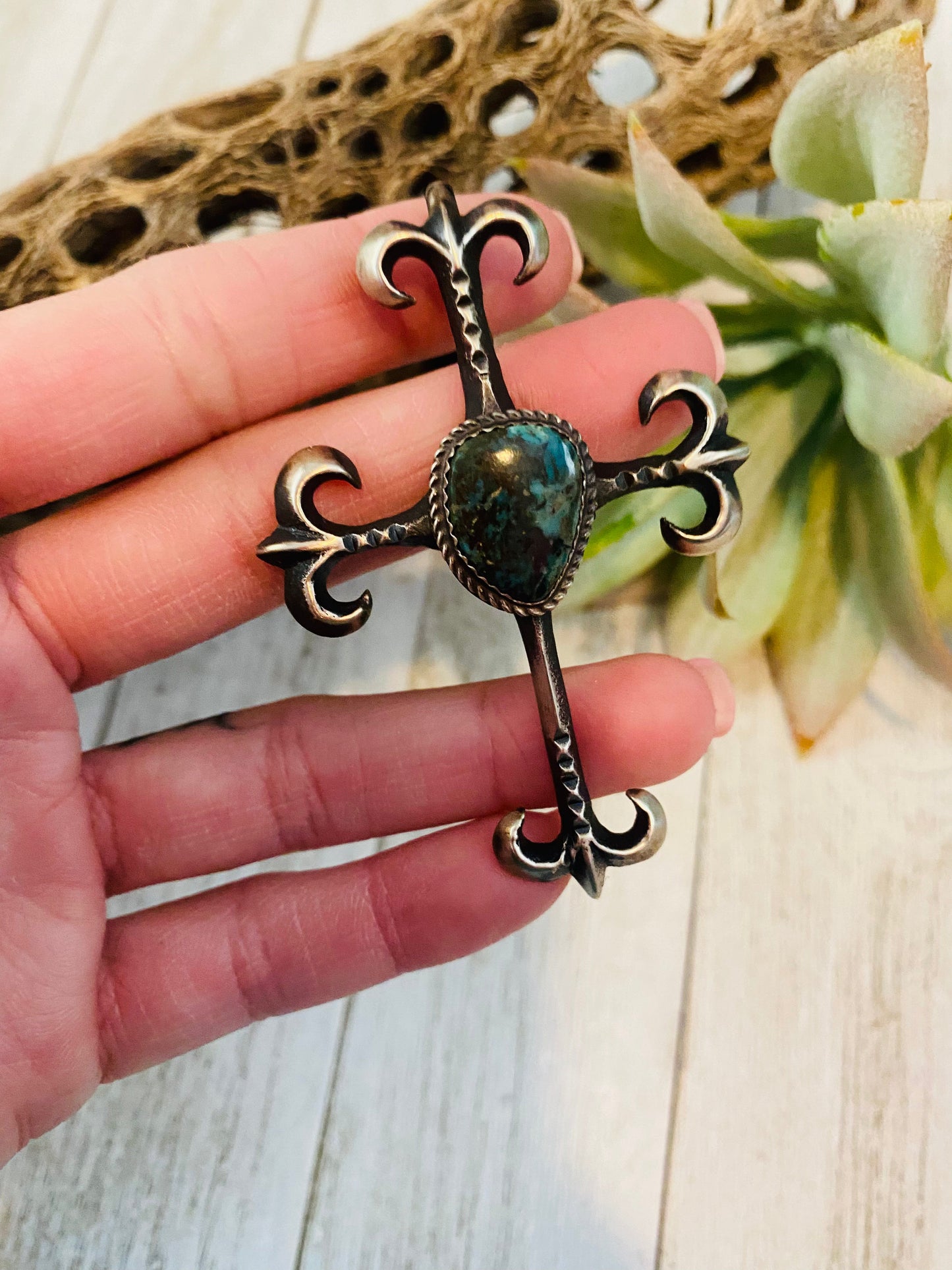 Handcrafted Sterling Silver & Royston Turquoise Cross Pendant By Martha Cayatineto
